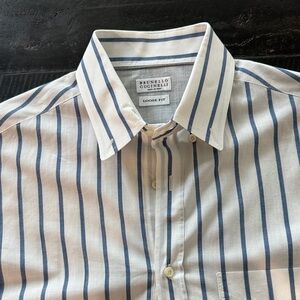Beautiful Brunello Cucinelli white shirt with blue stripes dress shirt.